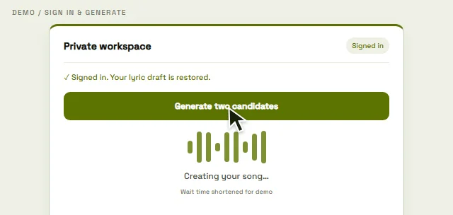 Signing in, restoring the draft, and submitting a generation task
