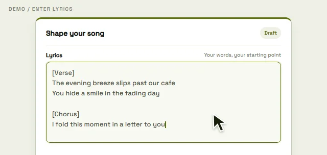 Typing example lyrics into the lyric editor