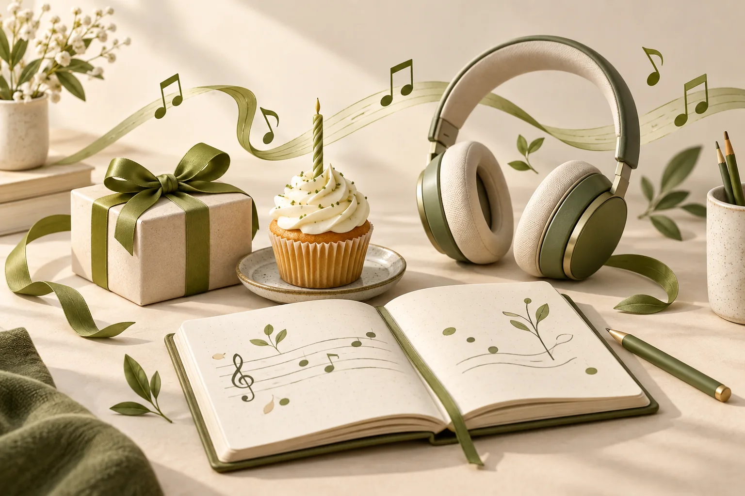 创作场景概念插画:生日礼物、纸杯蛋糕、笔记本与耳机,用于个人歌曲和课堂项目